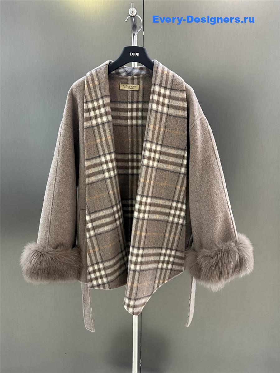 Bv*b*rry classic fox fur check wool coat