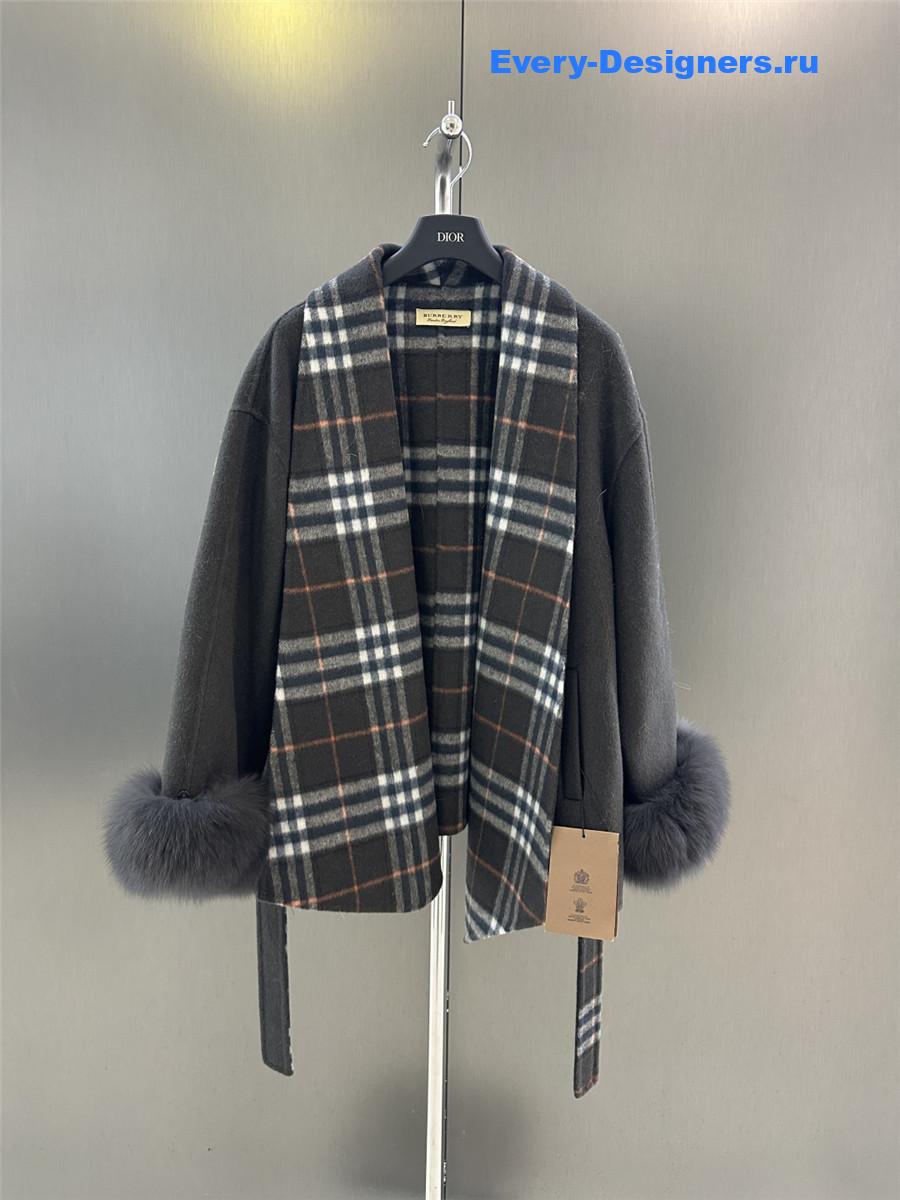 Bv*b*rry grey classic fox fur check wool coat