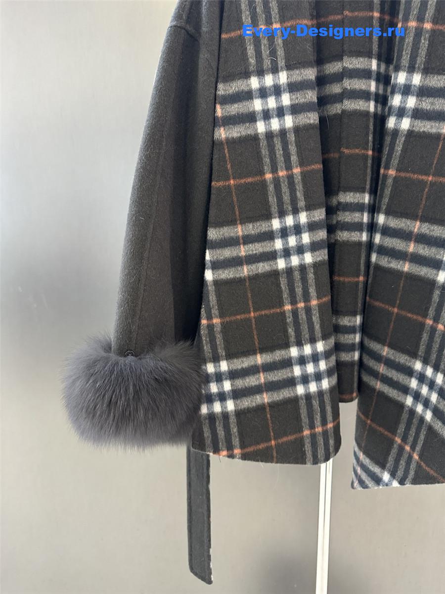 Bv*b*rry grey classic fox fur check wool coat