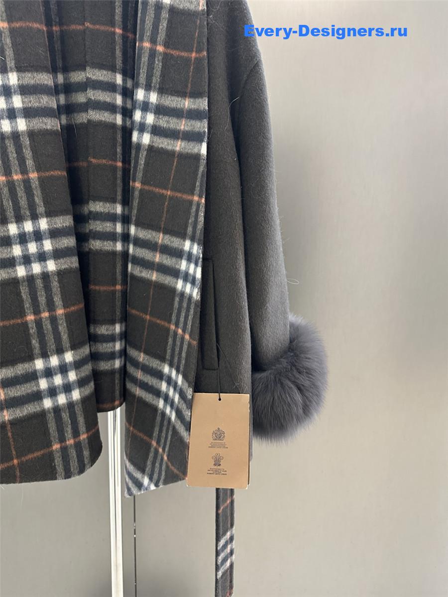 Bv*b*rry grey classic fox fur check wool coat