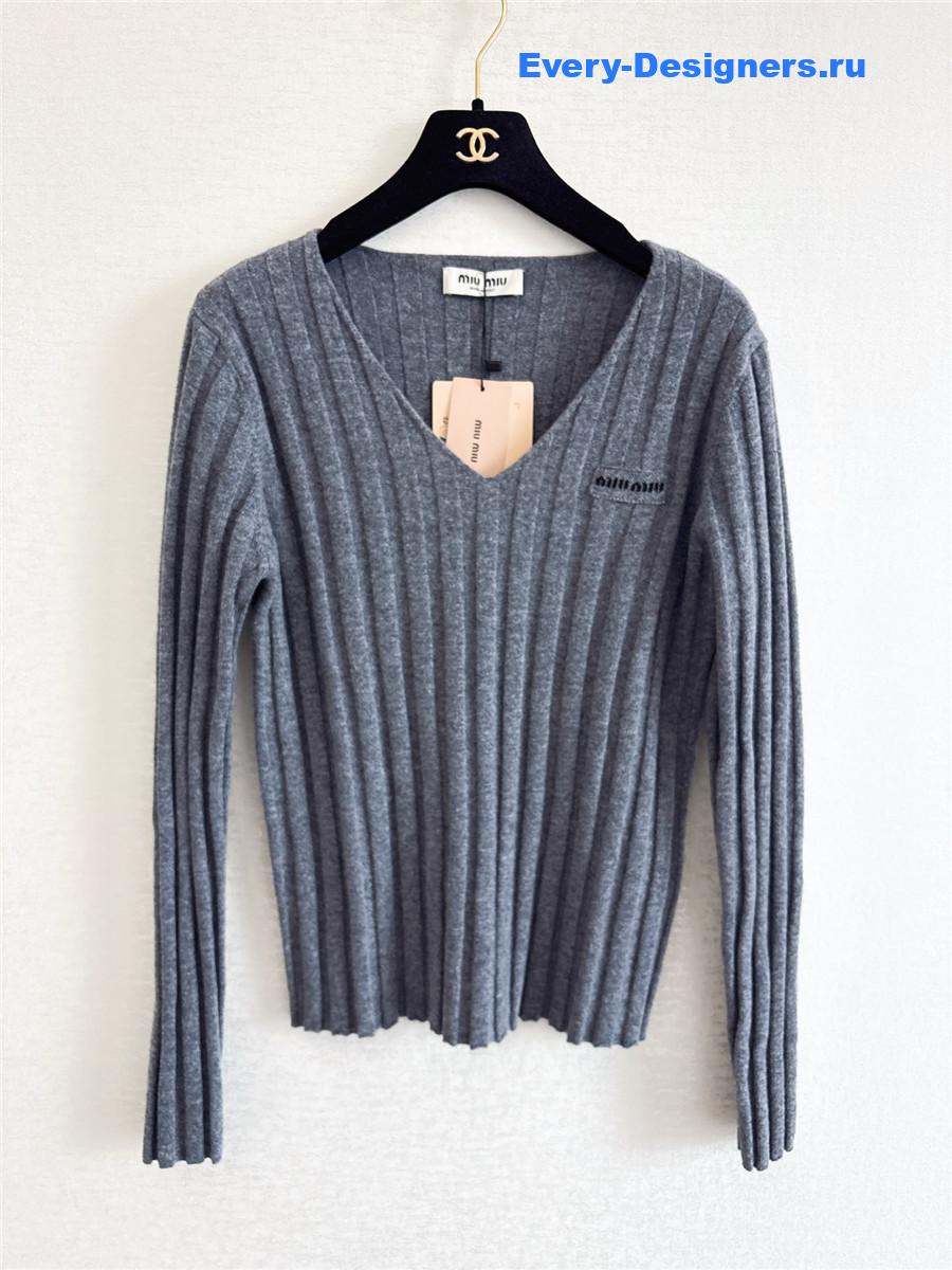 Miu Miu Grey Ribbed V-neck Sweater
