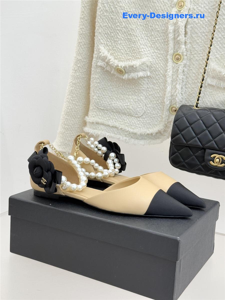 Ch**el pearl camellia beige pointed-toe flat sandals