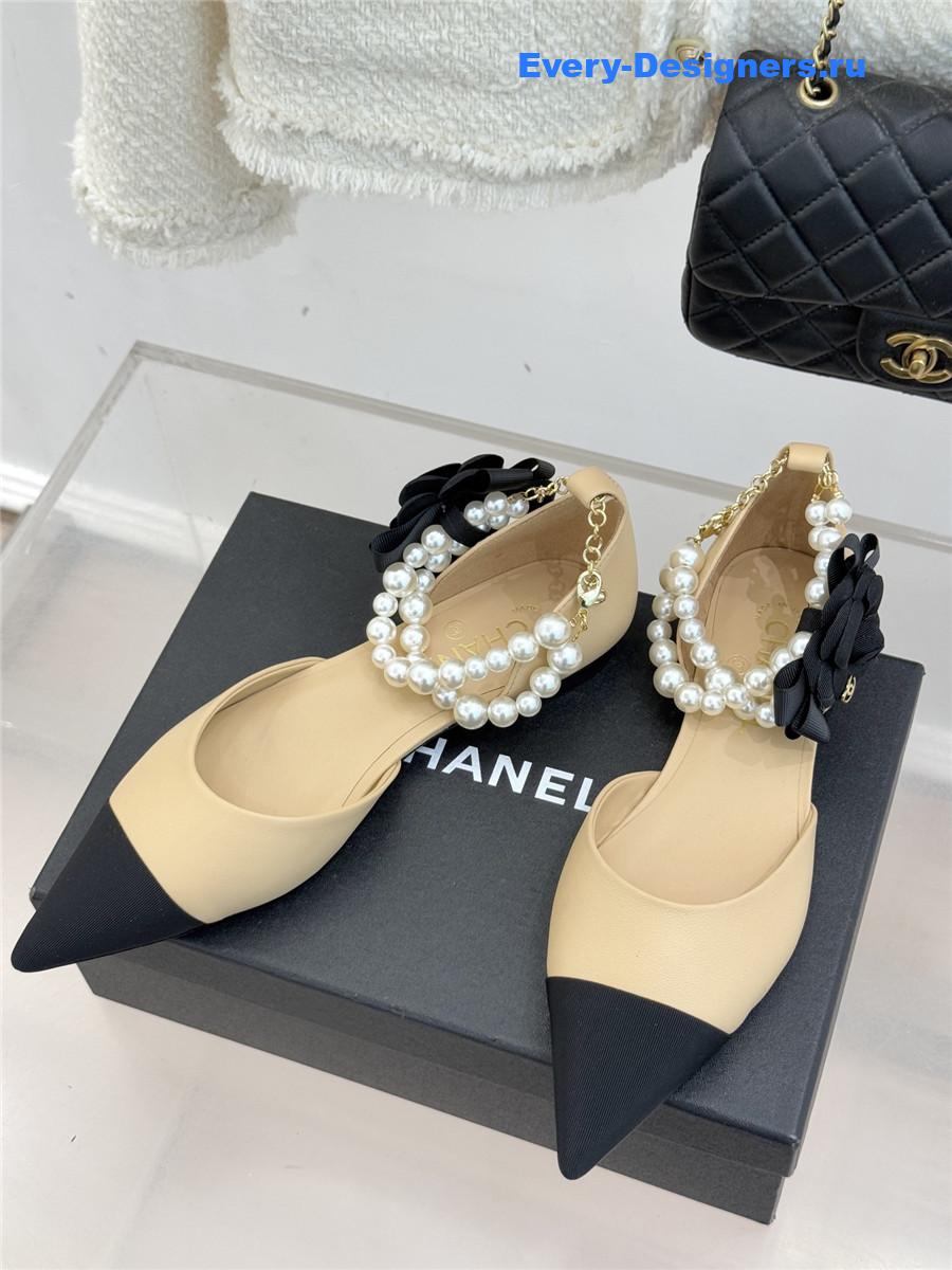 Ch**el pearl camellia beige pointed-toe flat sandals