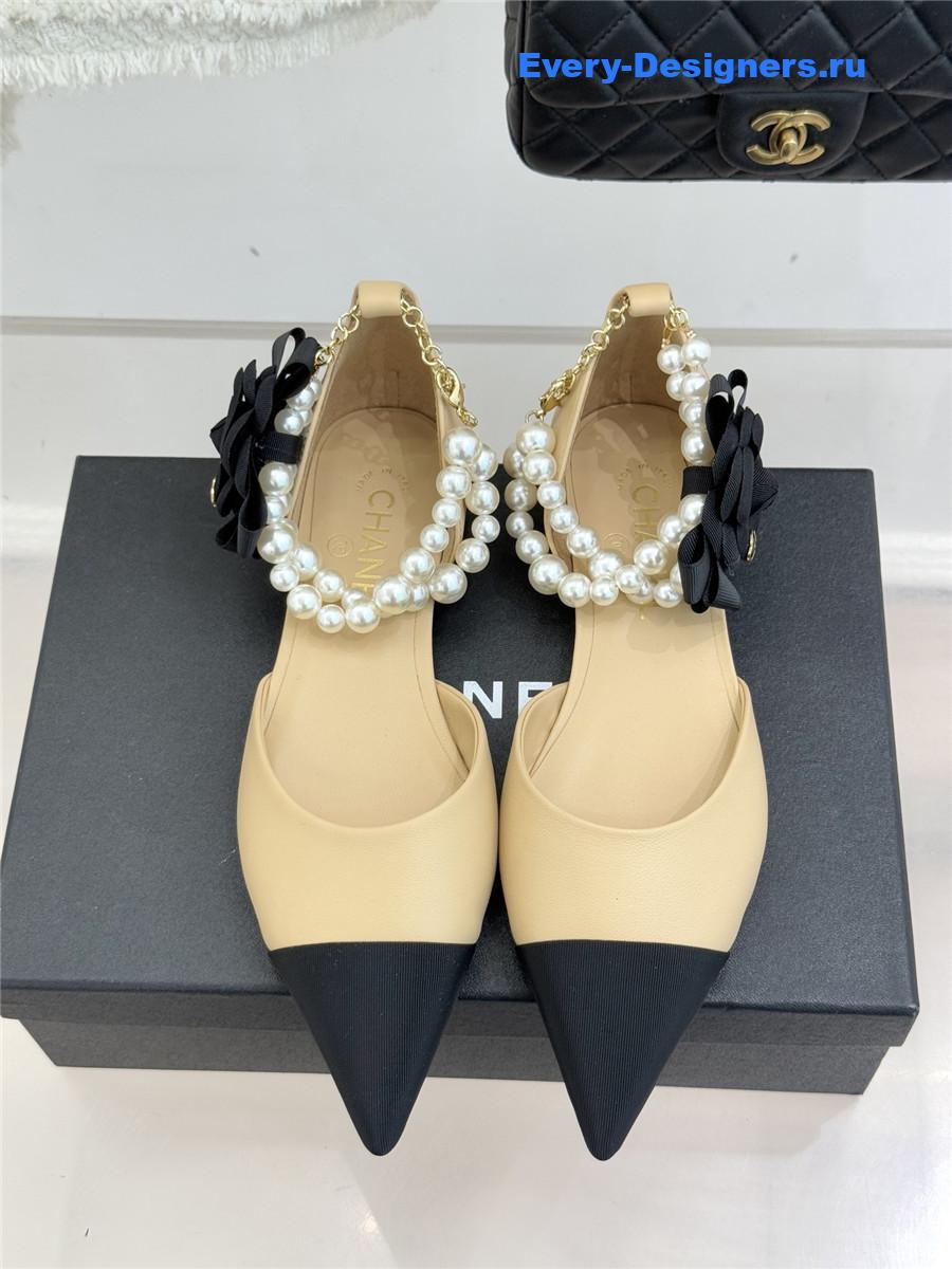 Ch**el pearl camellia beige pointed-toe flat sandals