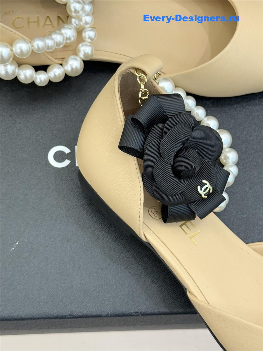 Ch**el pearl camellia beige pointed-toe flat sandals