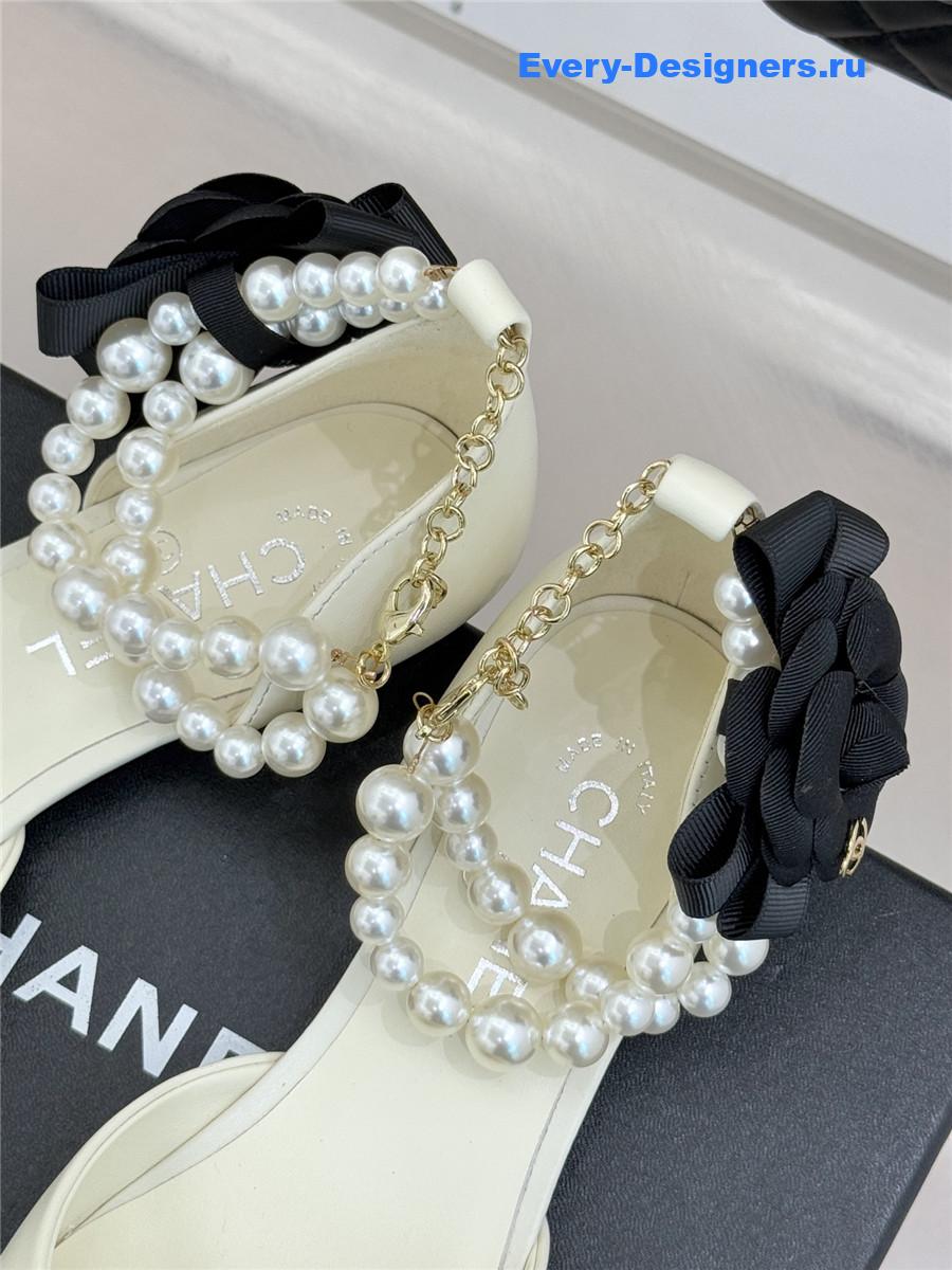 Ch**el pearl camellia white pointed-toe flat sandals