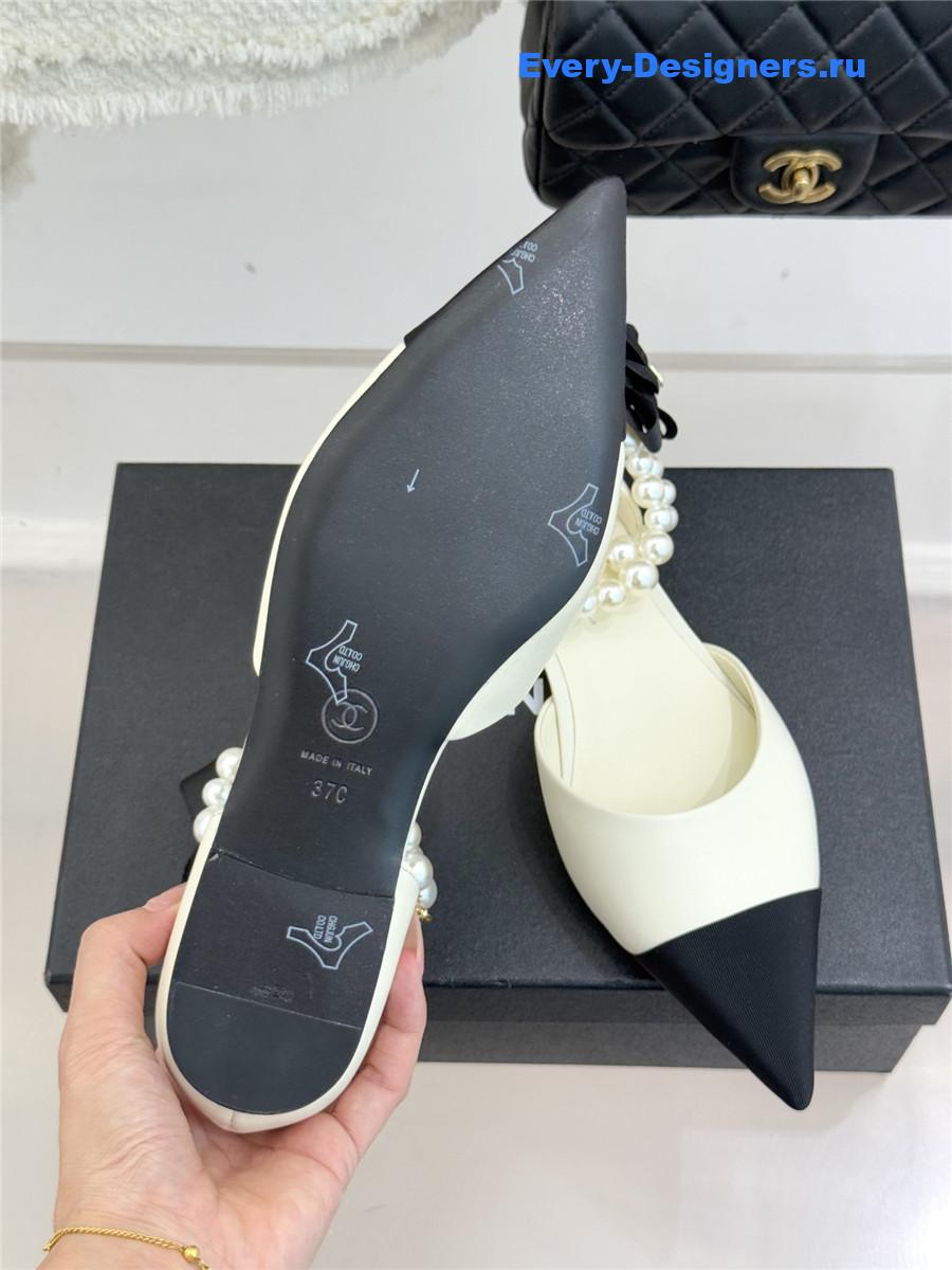 Ch**el pearl camellia white pointed-toe flat sandals