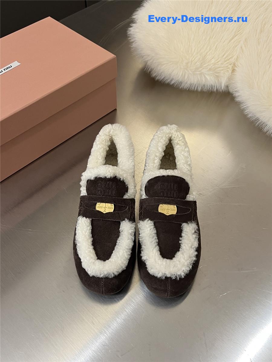 Miu Miu Women Dark Brown Wool Loafers