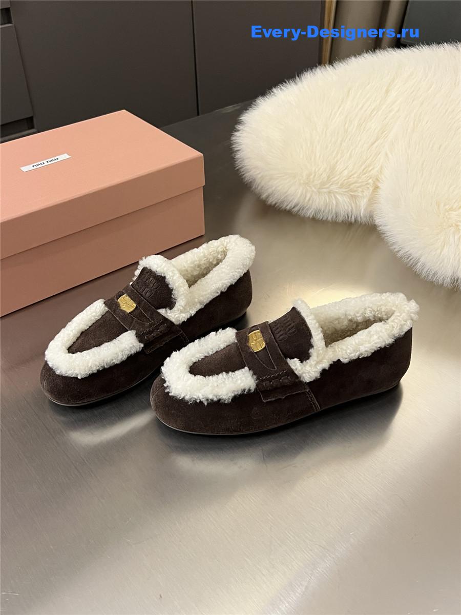 Miu Miu Women Dark Brown Wool Loafers