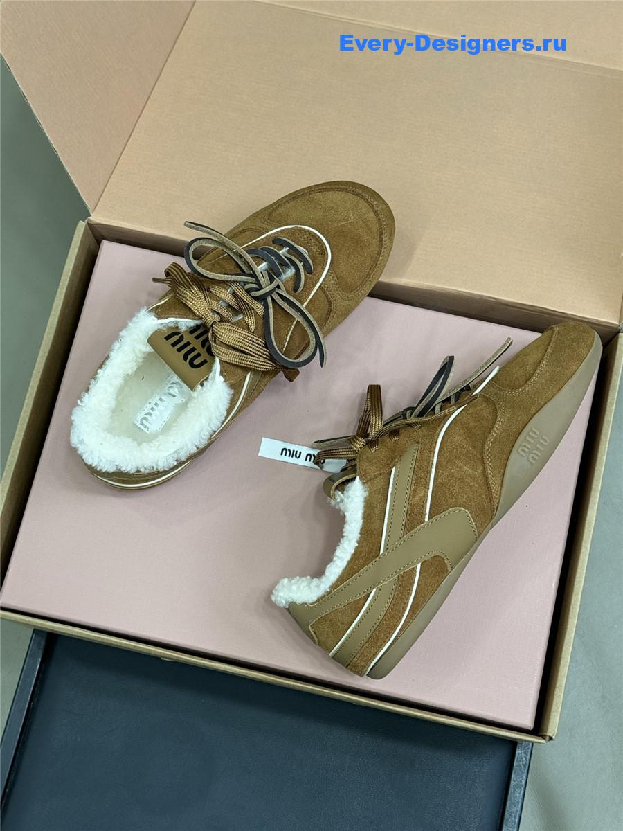 Miu Miu Beige Gymnasium Suede Shearling Sneakers