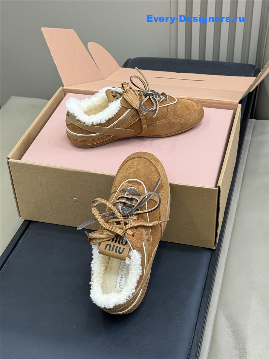 Miu Miu Beige Gymnasium Suede Shearling Sneakers