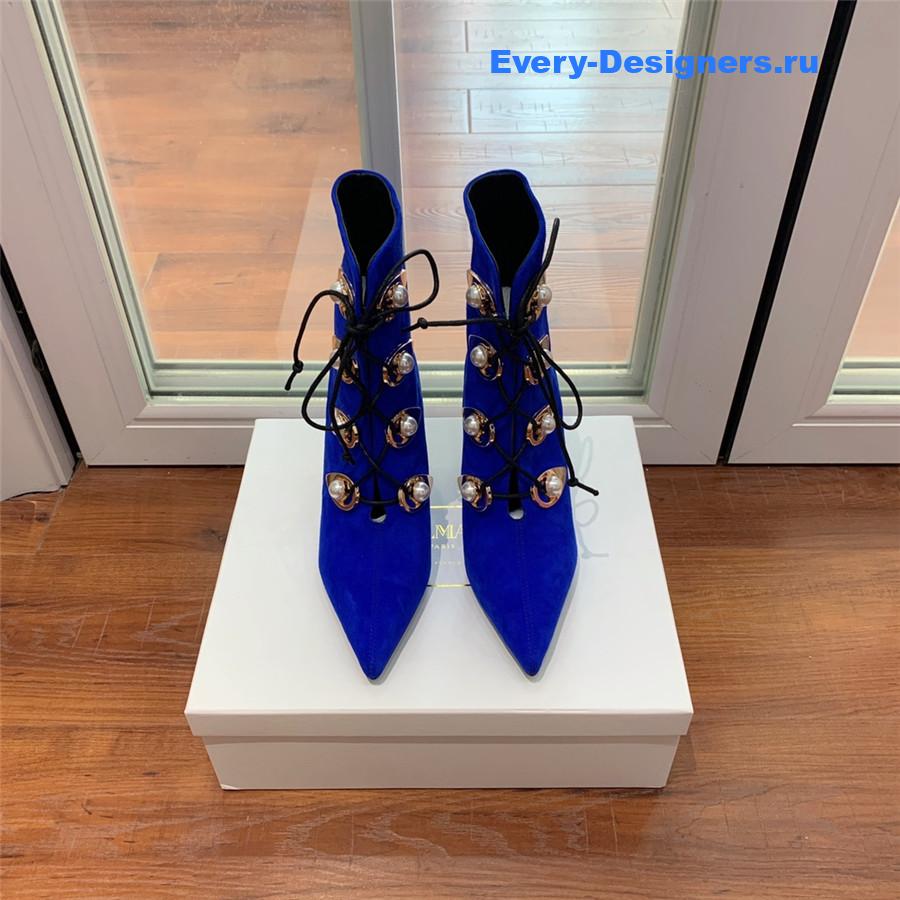 Balmain Blue Suede Pointed Toe High Heel Boots