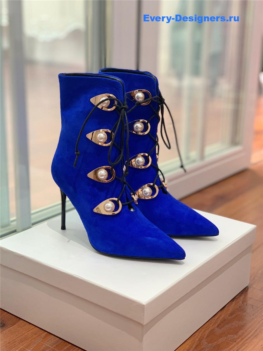 Balmain Blue Suede Pointed Toe High Heel Boots