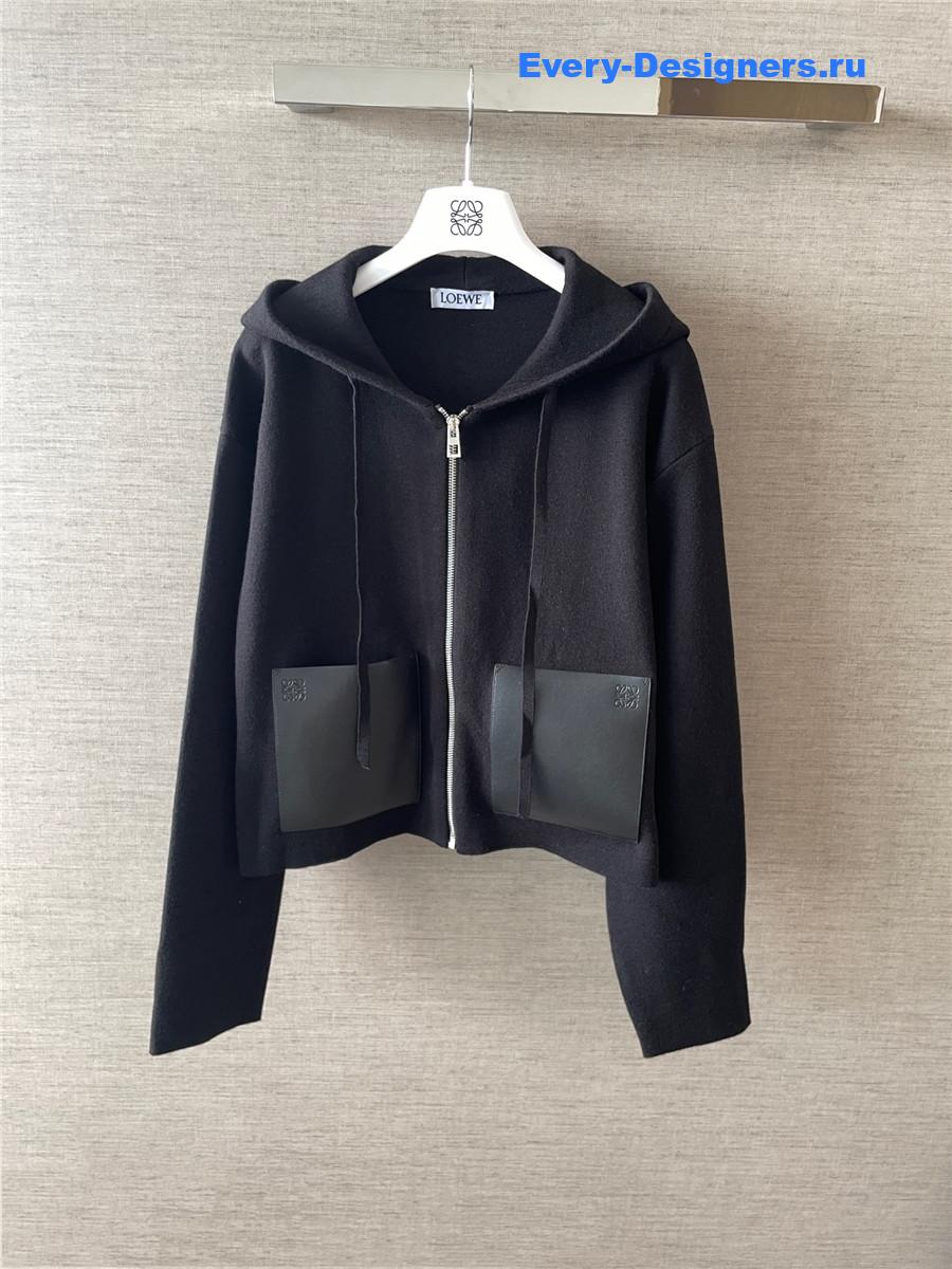 L0ew* black leather-trimmed wool-blend hoodie