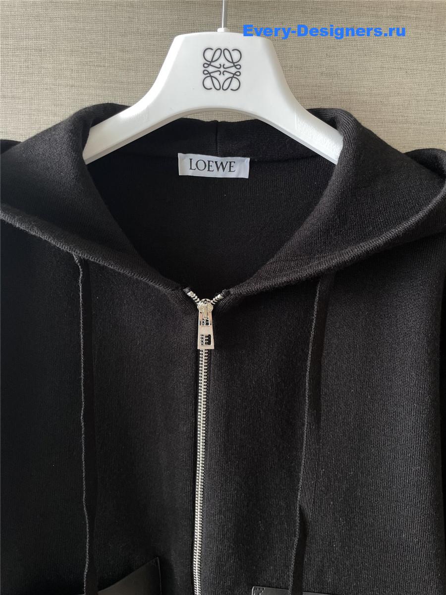 L0ew* black leather-trimmed wool-blend hoodie