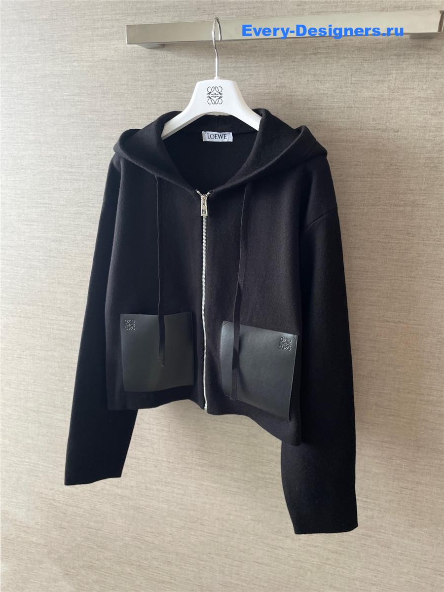 L0ew* black leather-trimmed wool-blend hoodie