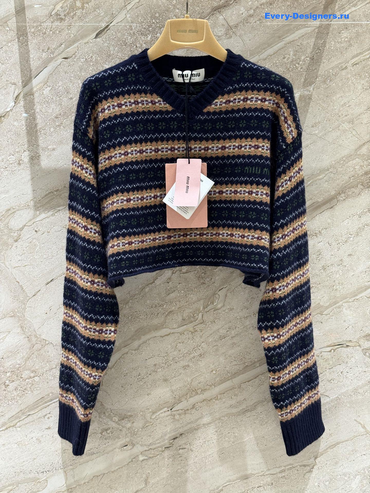 Miu Miu Short Striped V-Neck Knit Sweater