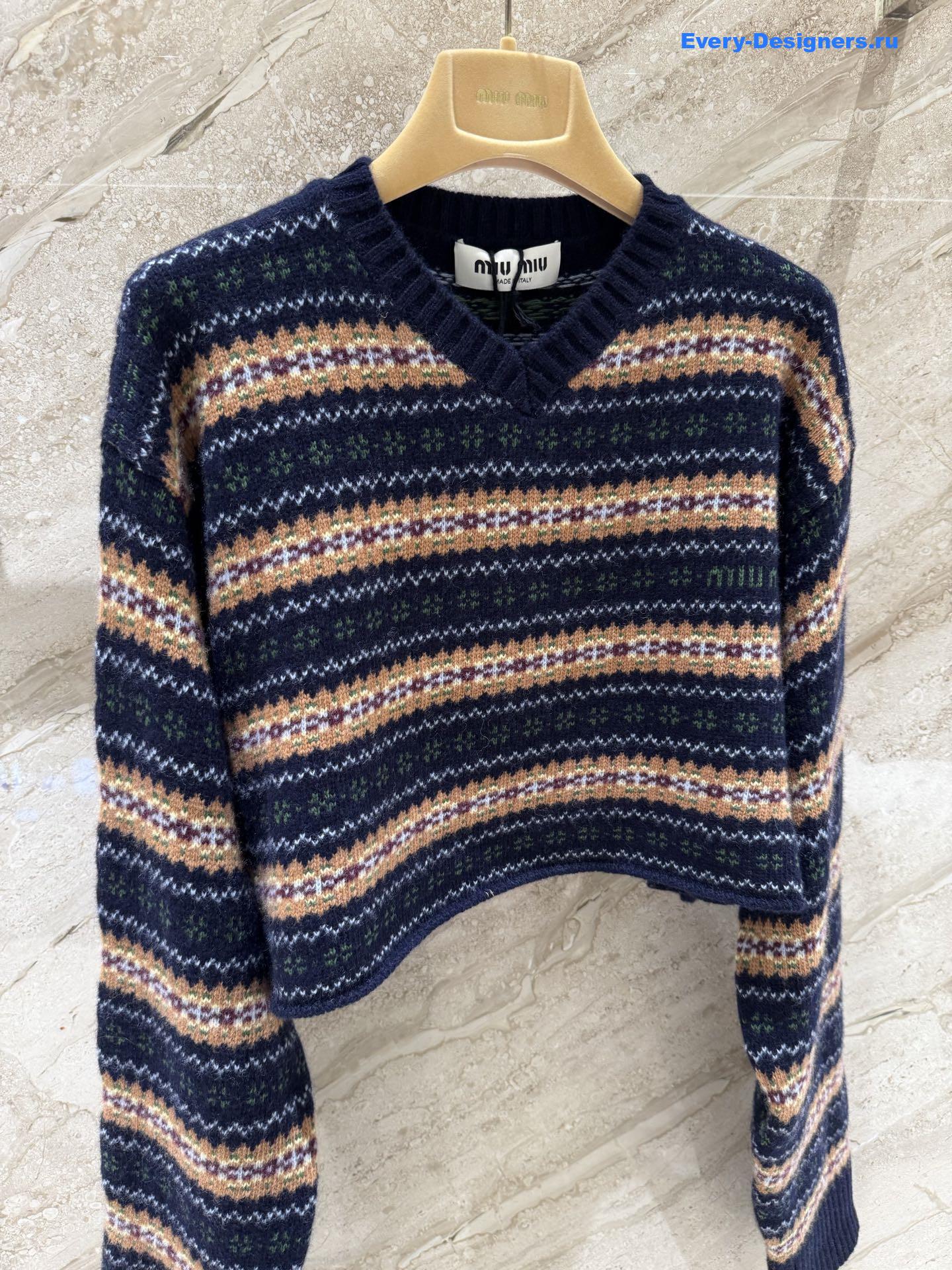 Miu Miu Short Striped V-Neck Knit Sweater
