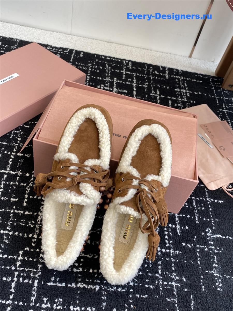 Miu Miu Brown Suede Shearling Lace-up Moccasins