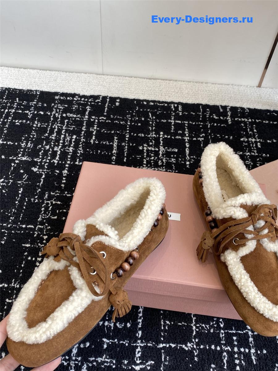 Miu Miu Brown Suede Shearling Lace-up Moccasins