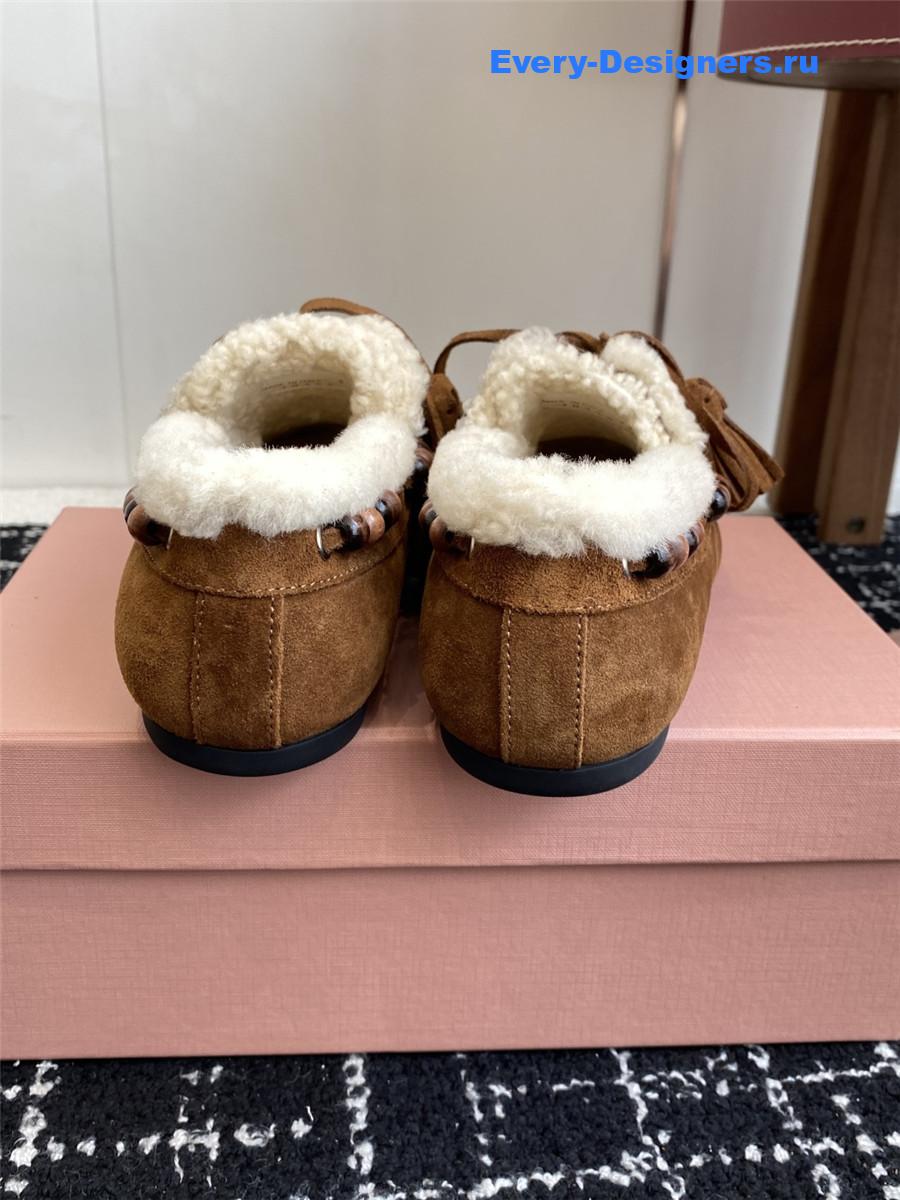 Miu Miu Brown Suede Shearling Lace-up Moccasins