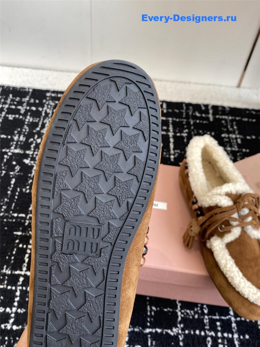Miu Miu Brown Suede Shearling Lace-up Moccasins
