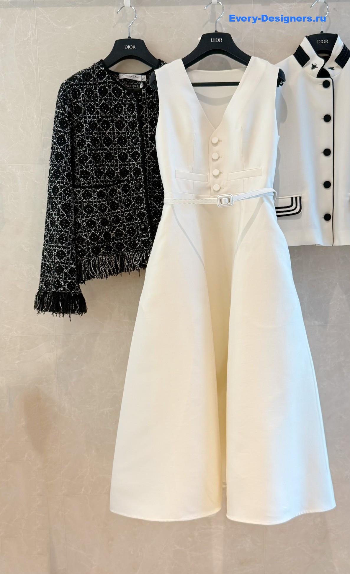 D10r belt white wool mid-length flared dress