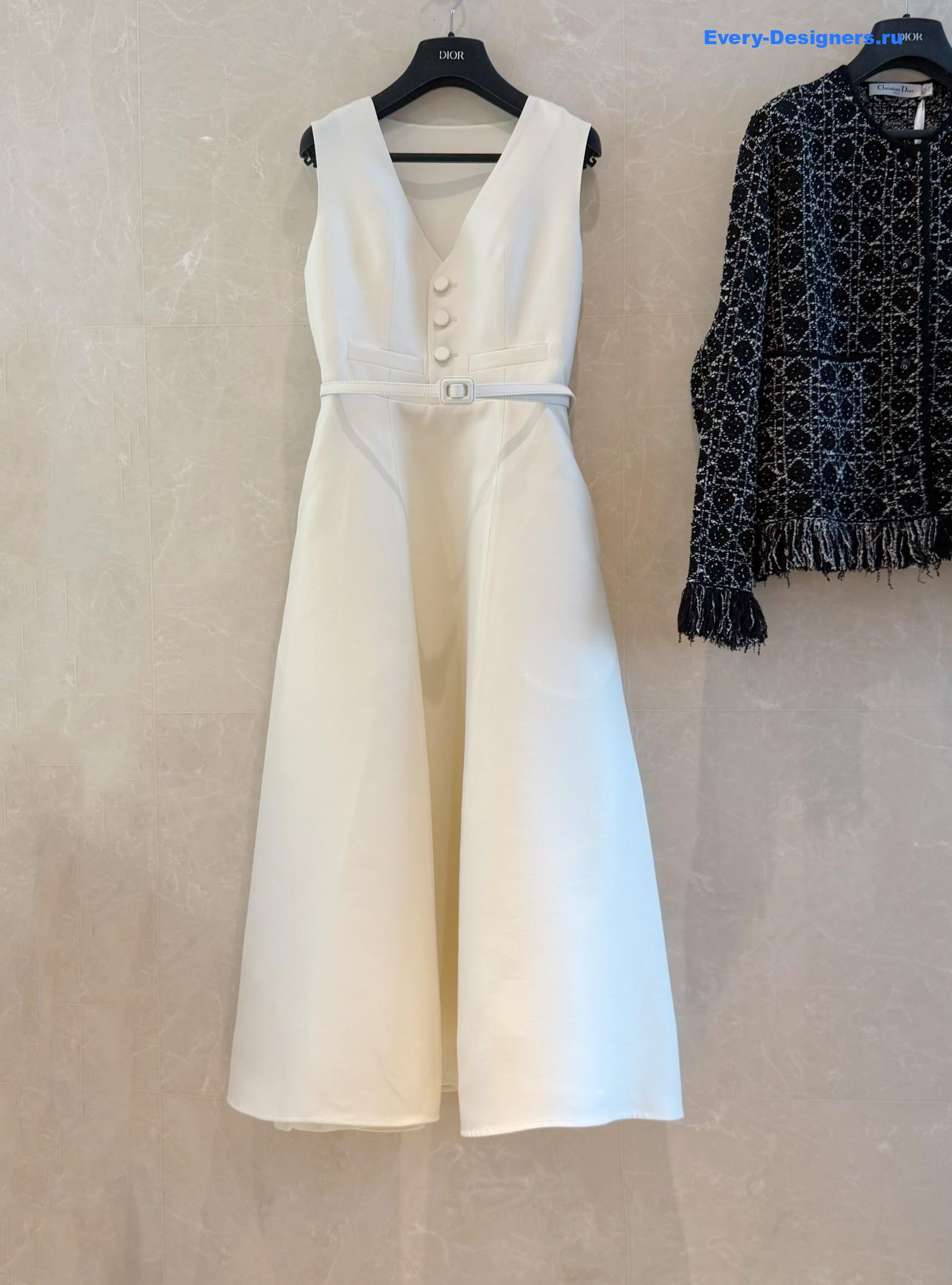 D10r belt white wool mid-length flared dress