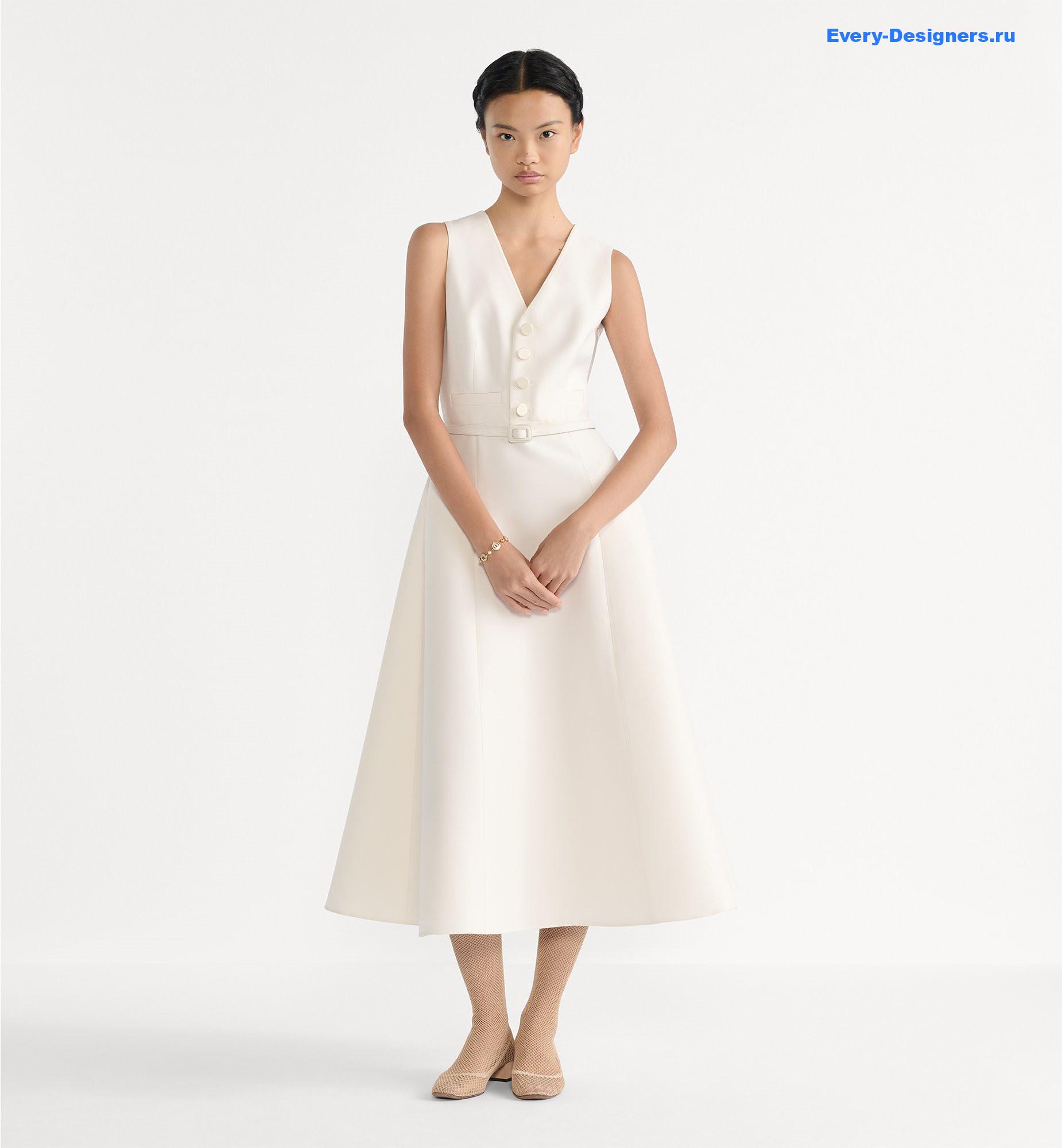 D10r belt white wool mid-length flared dress