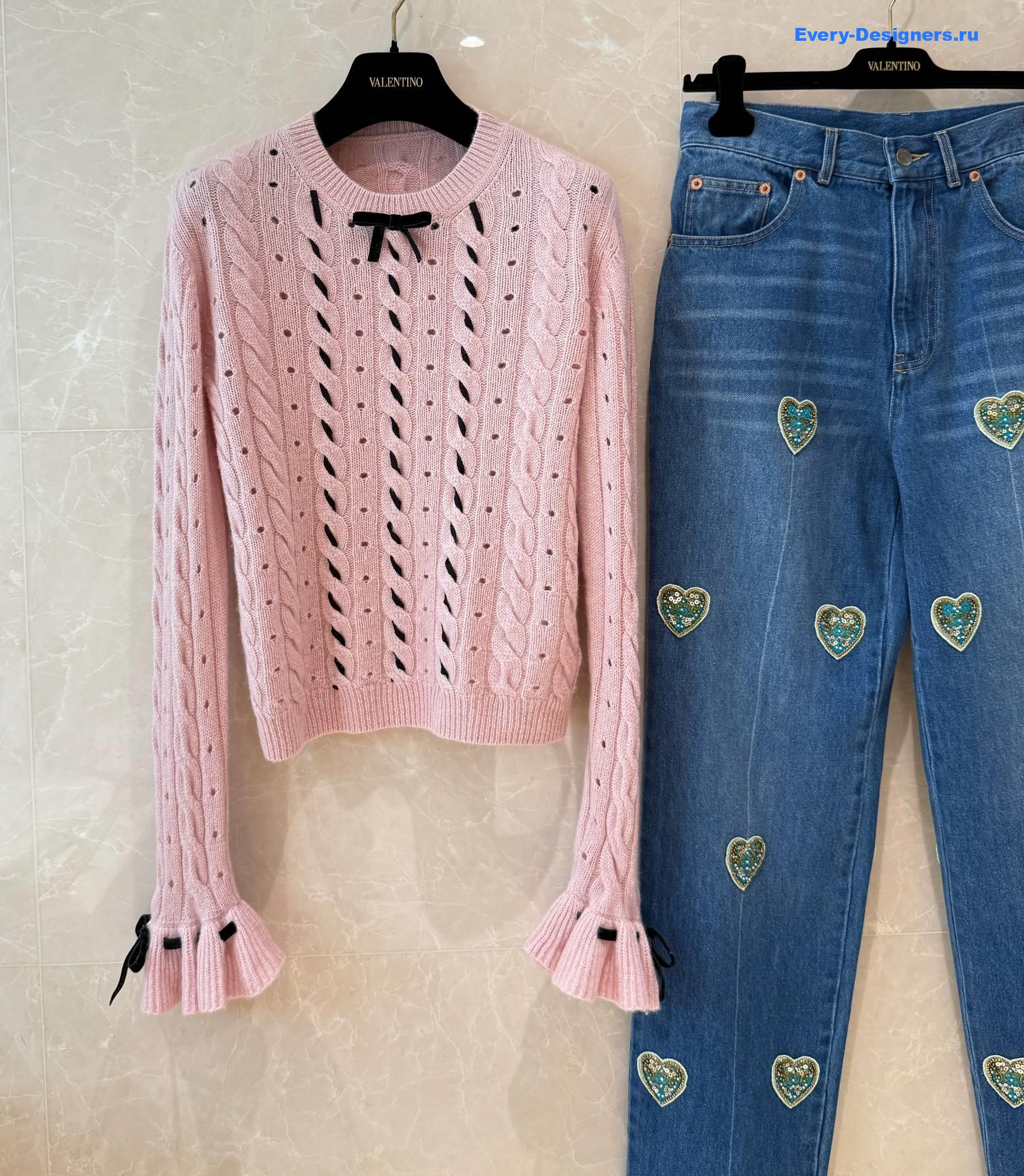 Va1e*ntin0 garavani pink cable-knit bow-embellished sweater