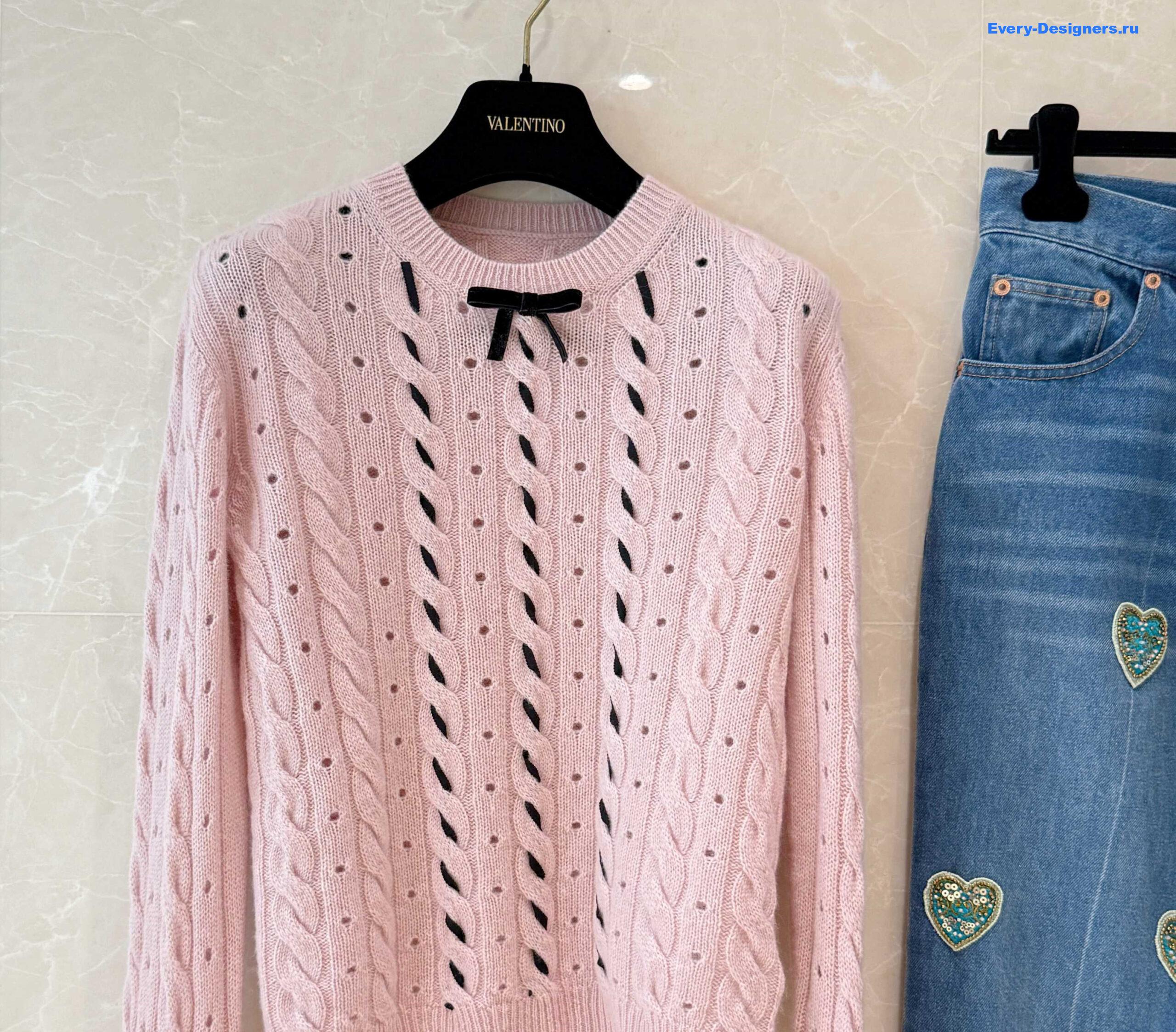 Va1e*ntin0 garavani pink cable-knit bow-embellished sweater