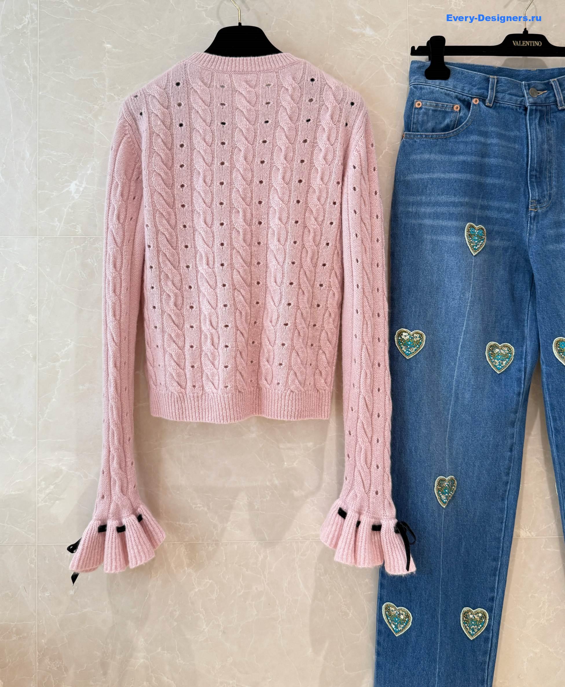 Va1e*ntin0 garavani pink cable-knit bow-embellished sweater