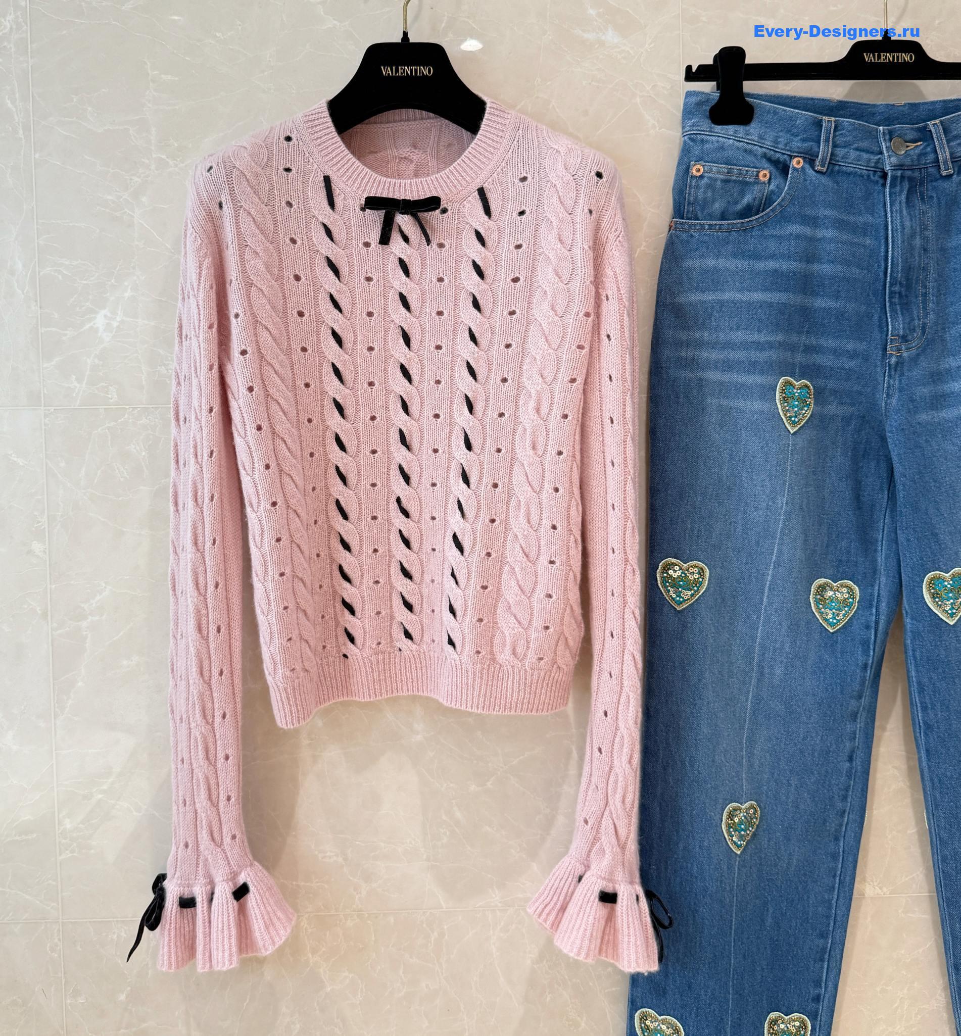 Va1e*ntin0 garavani pink cable-knit bow-embellished sweater