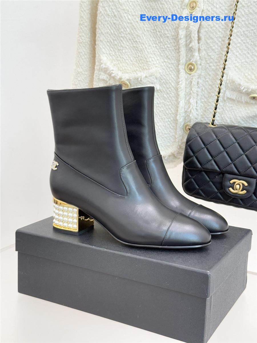 Ch**el black pearl chunky heel ankle boots