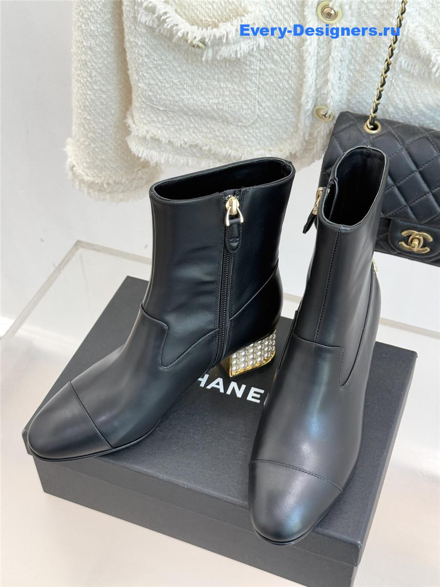 Ch**el black pearl chunky heel ankle boots