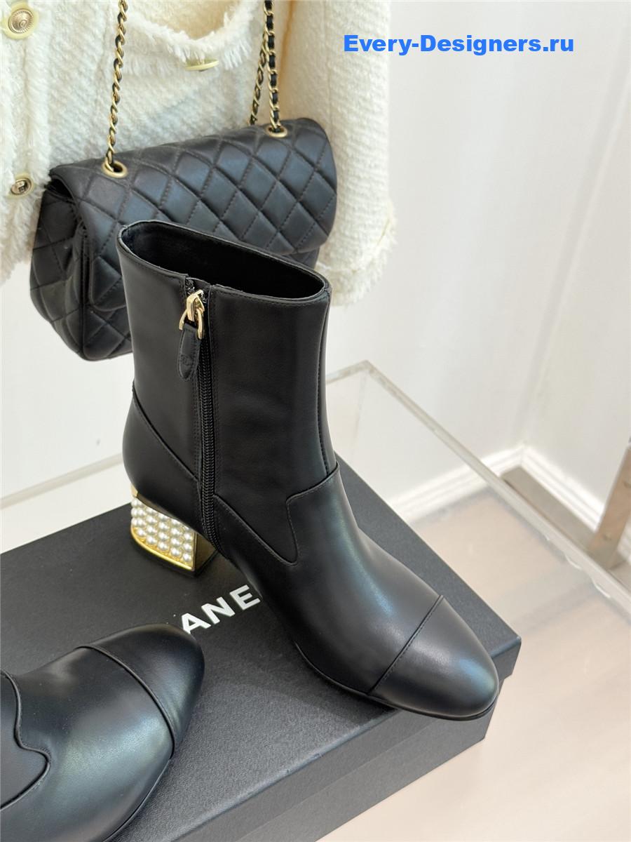 Ch**el black pearl chunky heel ankle boots