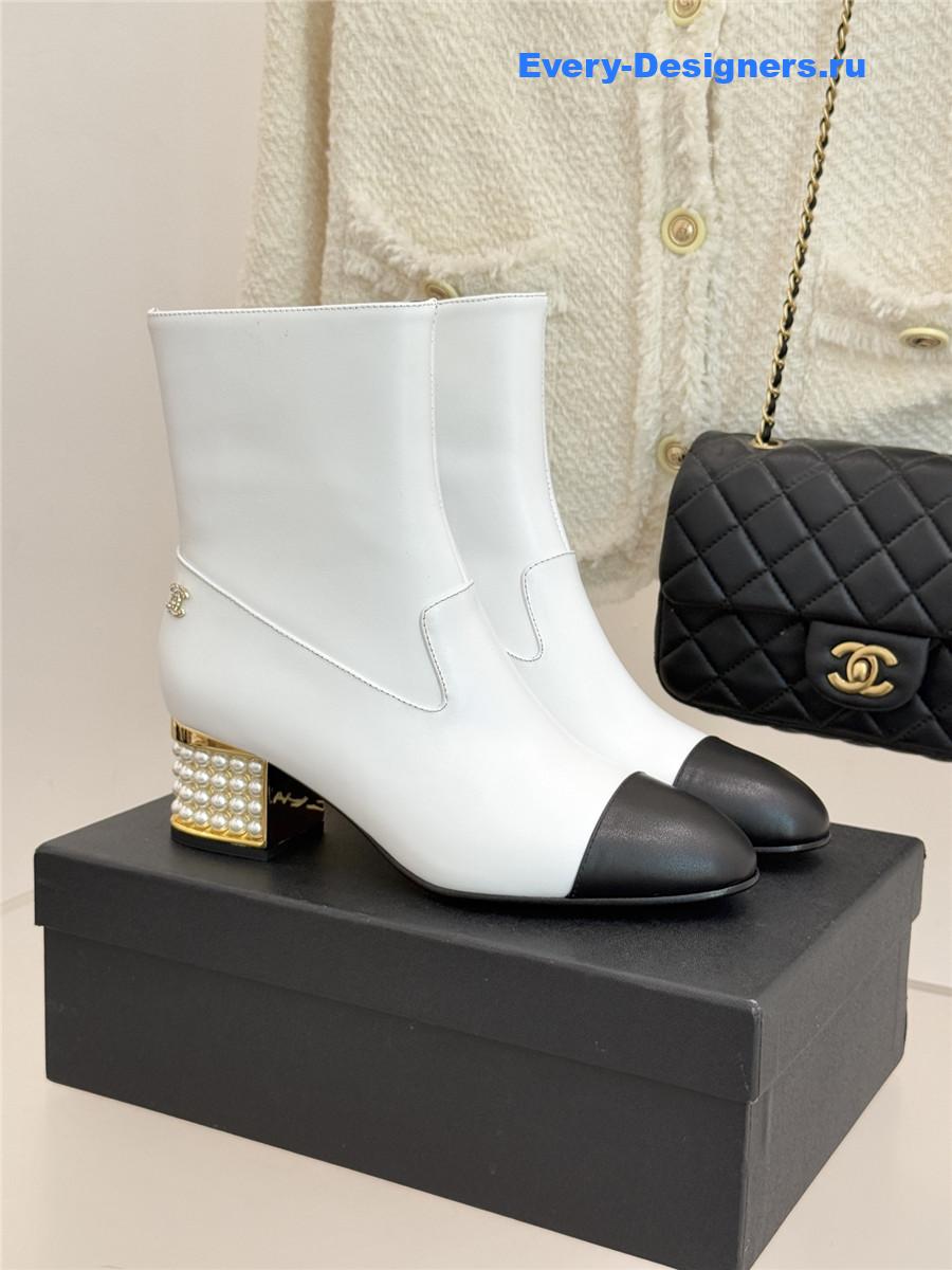 Ch**el white pearl chunky heel ankle boots