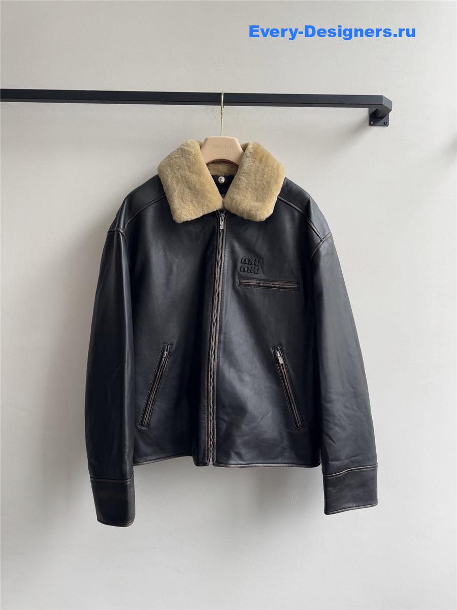 Miu Miu Black Lamb Shearling Collar Leather Jacket