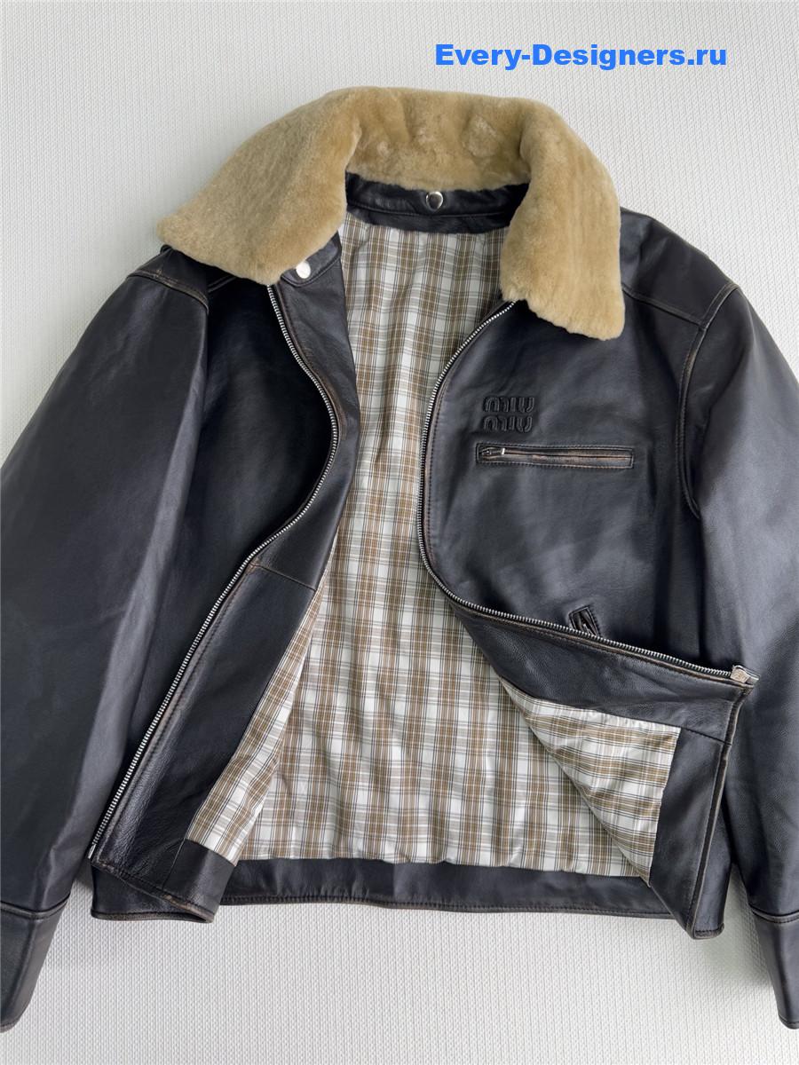 Miu Miu Black Lamb Shearling Collar Leather Jacket