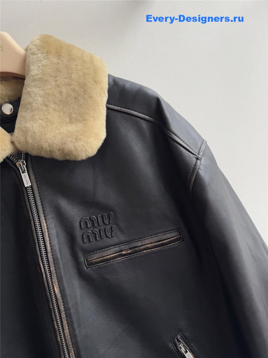 Miu Miu Black Lamb Shearling Collar Leather Jacket