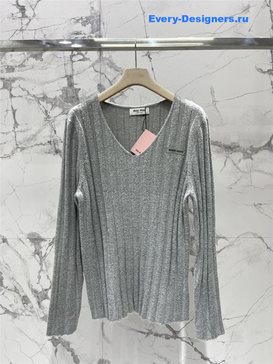 Miu Miu Grey V-neck Long-sleeved Knit Sweater