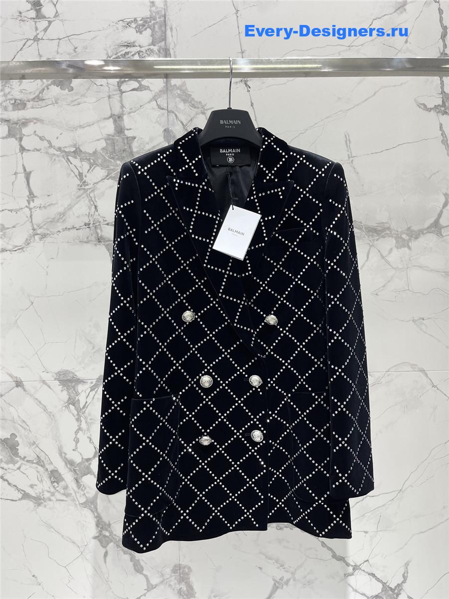 Balmain Black Velvet Rhinestone Quilted Blazer