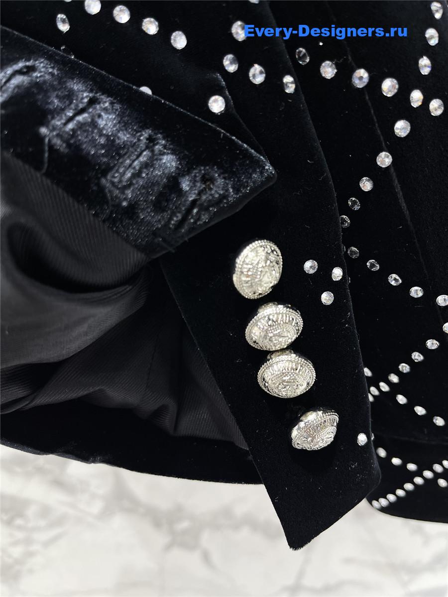 Balmain Black Velvet Rhinestone Quilted Blazer
