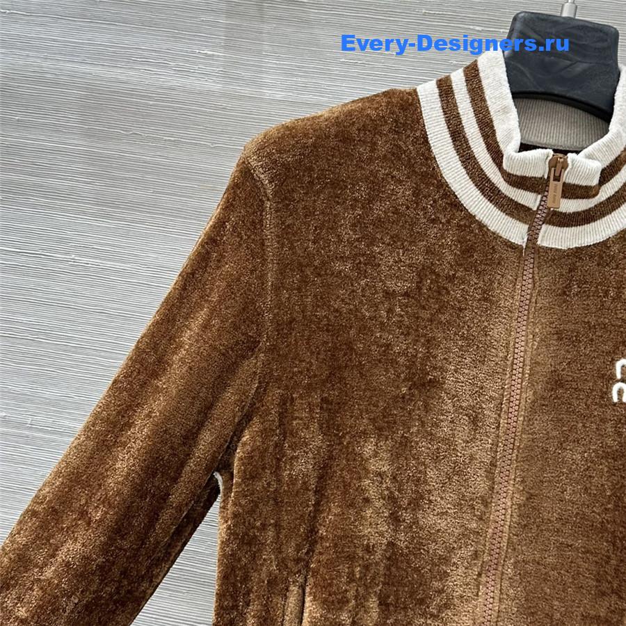 Miu Miu Camel Velvet Zip-up Cardigan
