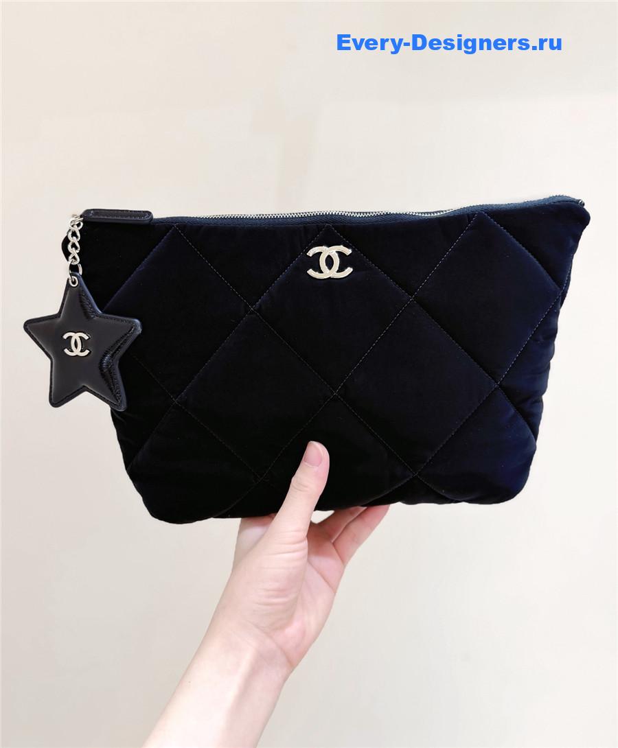 Ch**el black quilted nylon zipper pouch