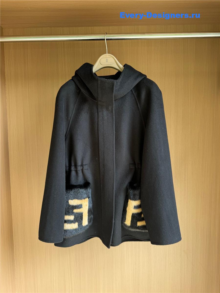 F**di hooded cropped cashmere mink black coat