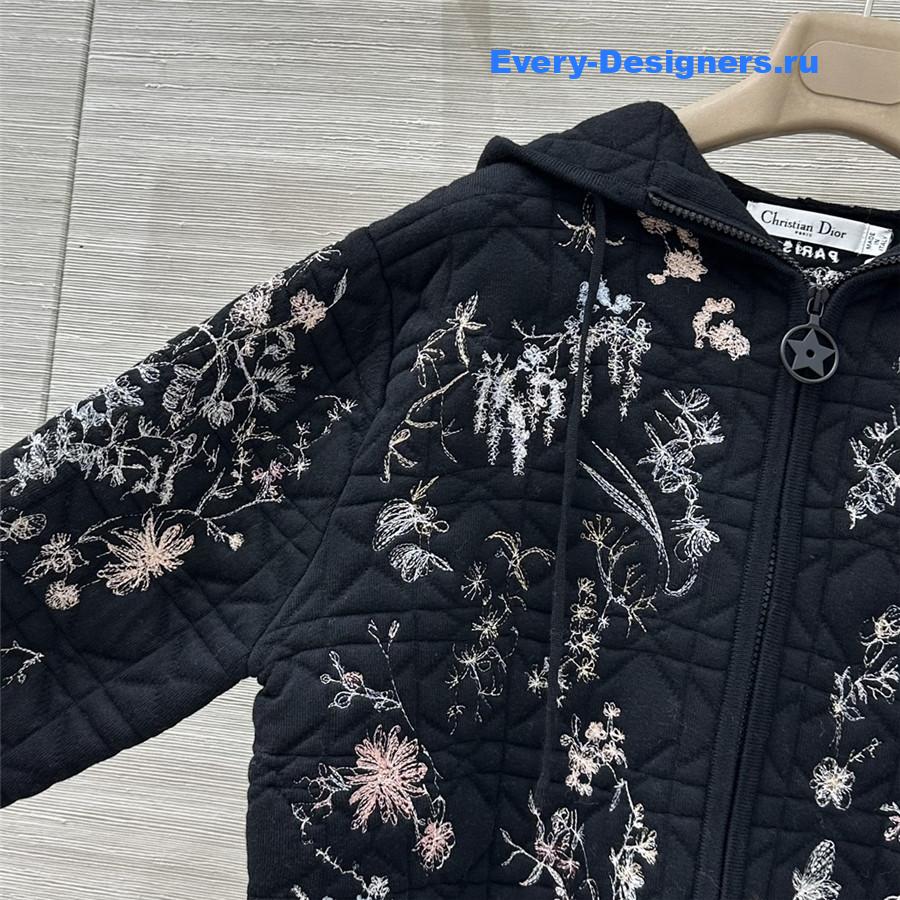 D10r black floral embroidered quilted hooded jacket