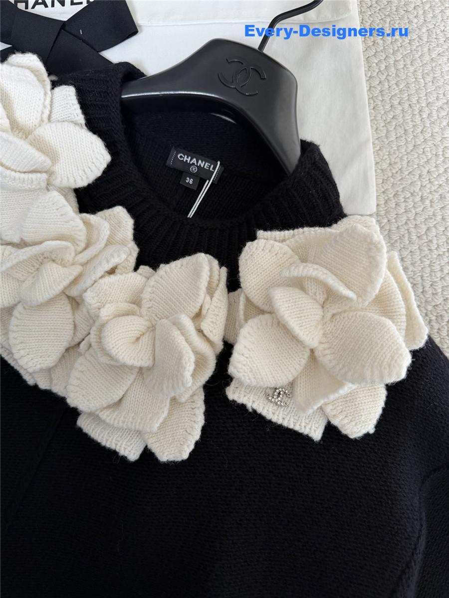 Ch**el camellia flowers black crew neck knit dress