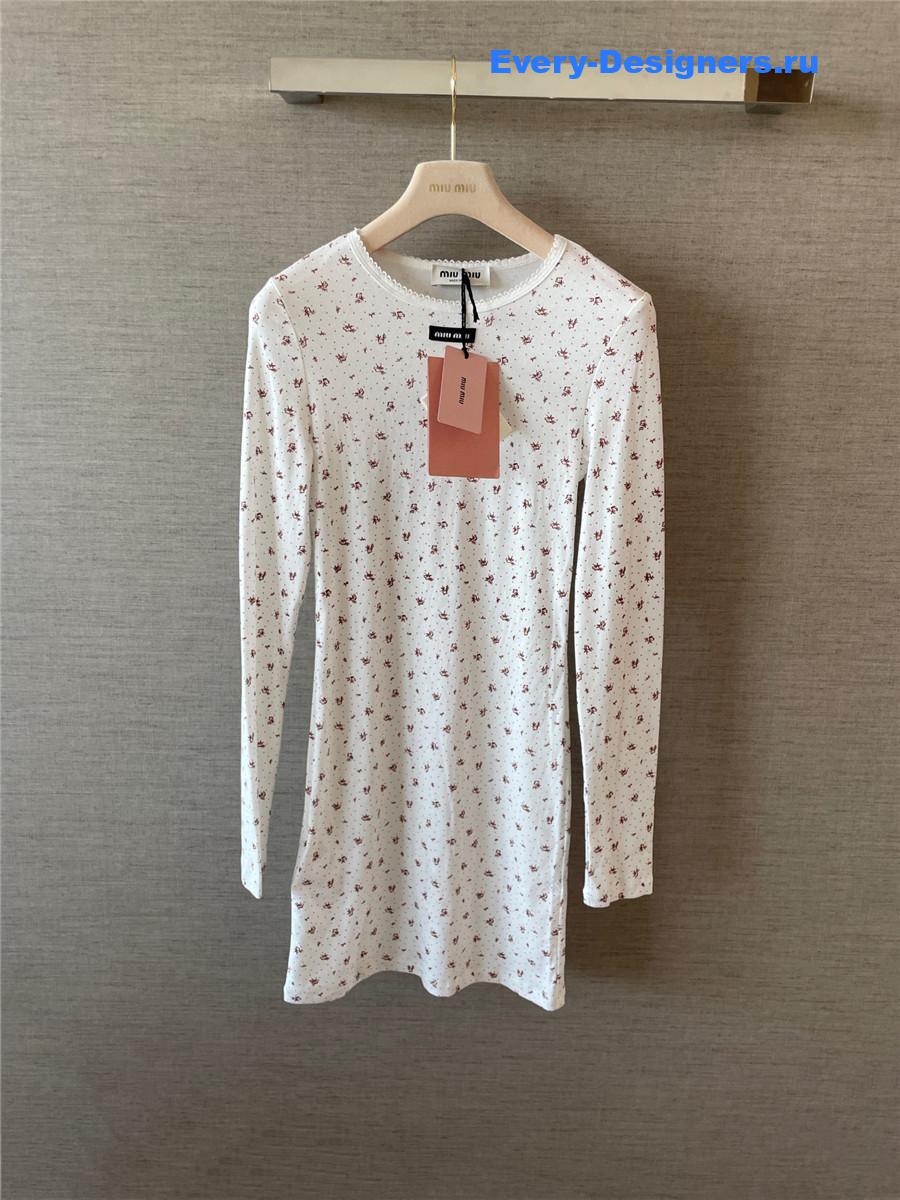 Miu Miu White/tobacco Ribbed Jersey Dress