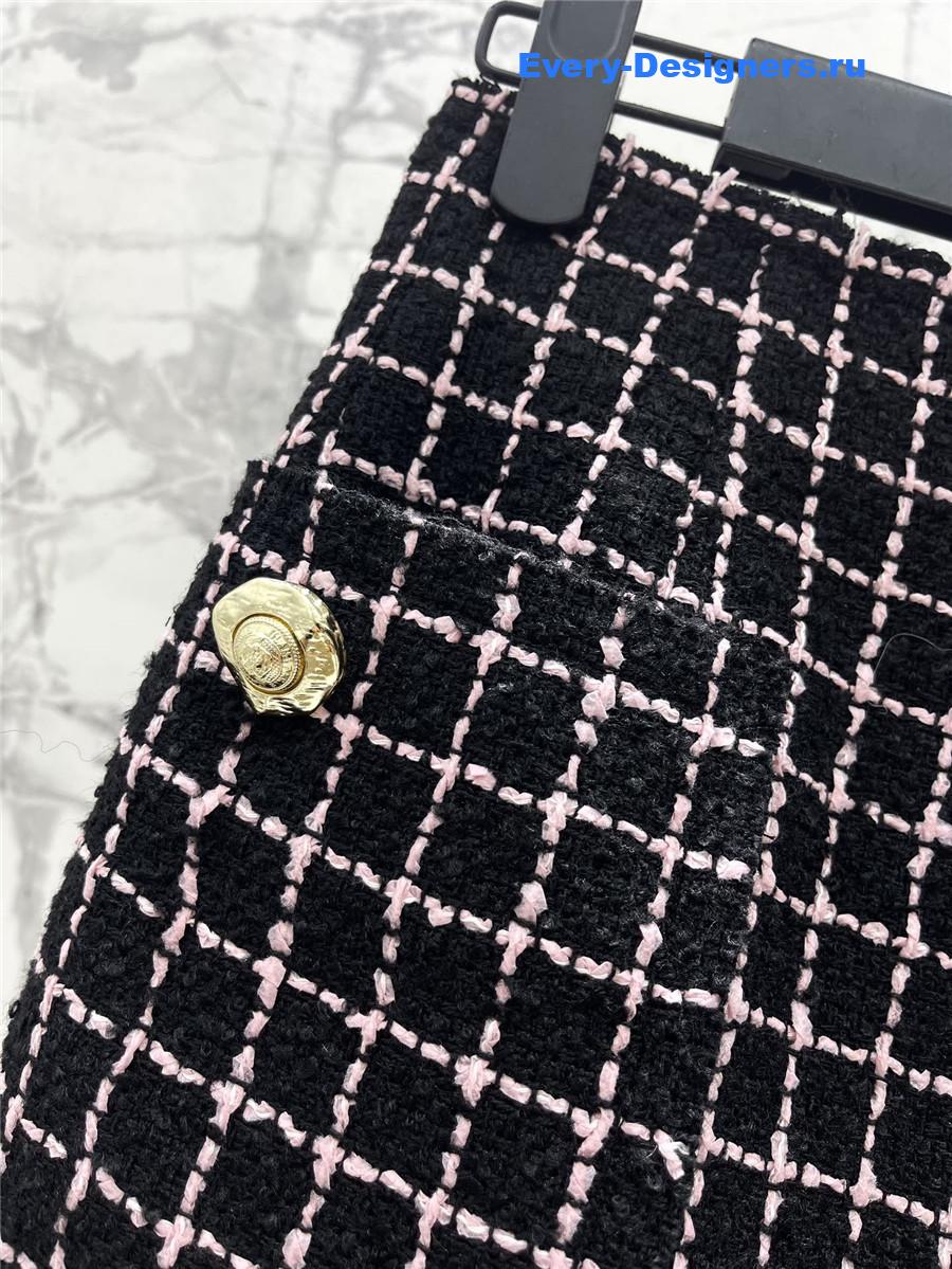 Balmain Paris Black Plaid Tweed Midi Skirt